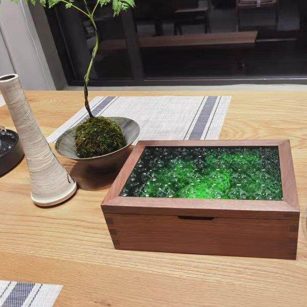 木质黑胡桃收纳盒海棠花复古玻璃盖首饰盒翻盖式置物燕尾榫储物盒