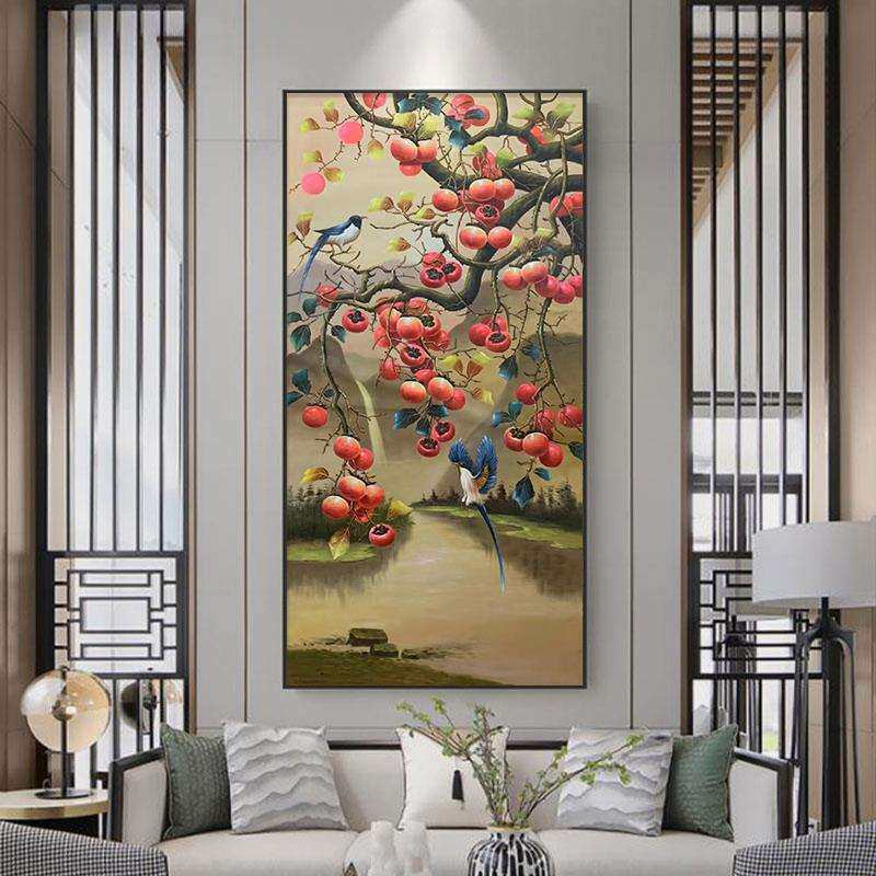 事事如意手绘油画玄关山水装饰壁画客厅新中式硕果累累柿子图挂画