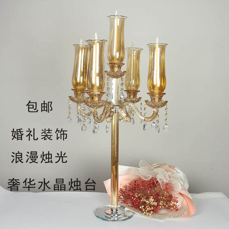 欧式香槟金色水晶烛台5头婚礼装饰摆件玻璃烛台跨境水晶蜡台