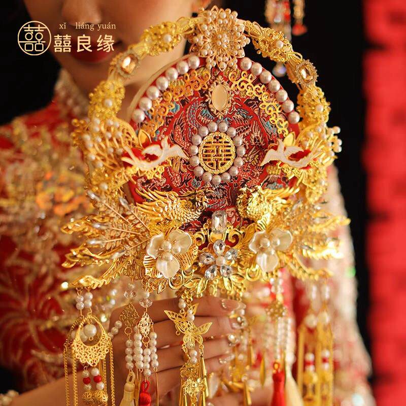 双面团扇手工diy材料包新娘结婚金色红色扇子出嫁遮面秀禾扇成品