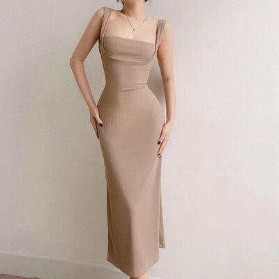 Knitted backless camisole dress with straps long skirt