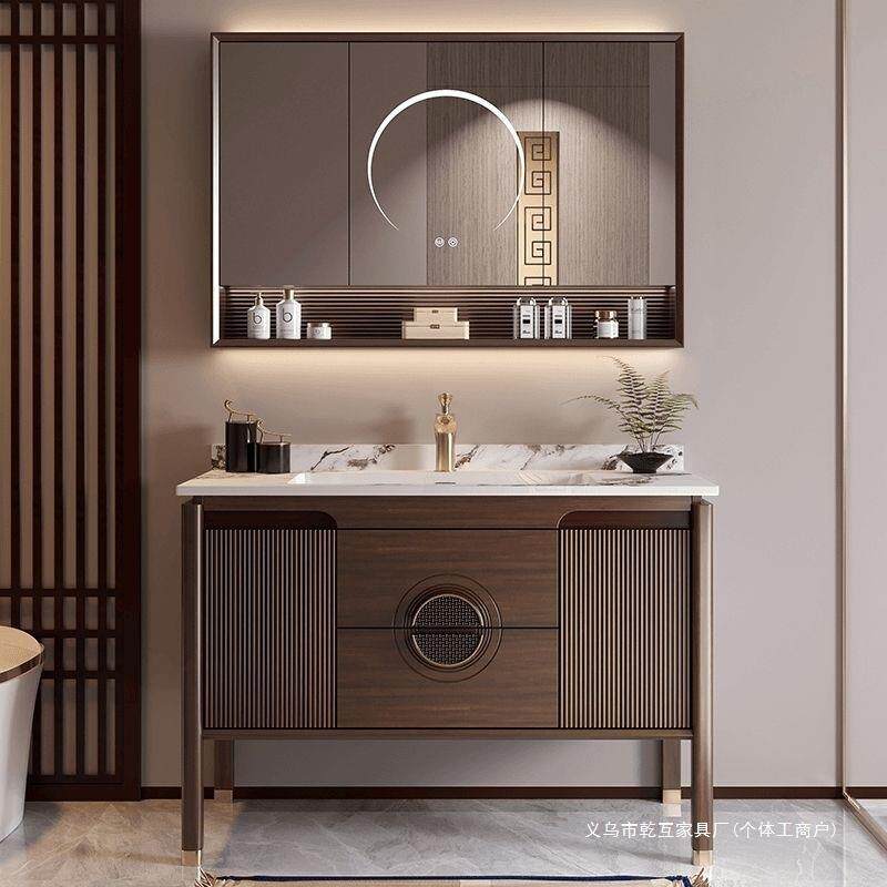 新中式落地浴室柜组合卫生间新款橡木洗漱台陶瓷一体盆洗手脸盆柜