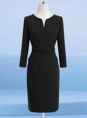 高档春装黑色职业连裙工女作服女台珠宝店前衣接待气质神范美容师
