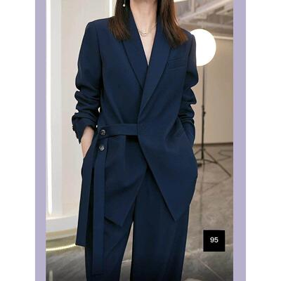 香港2026春西服套装宽松系带外套洋气减龄大码西装阔腿裤两件套女