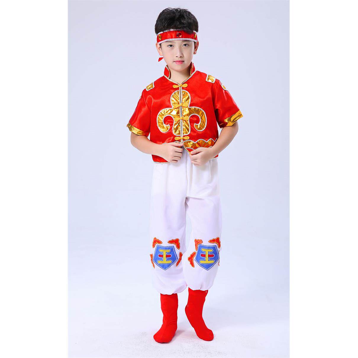 高档儿童蹈蒙古演服出服男女童草原欢歌萨布罕汉马舞白服筷子舞表