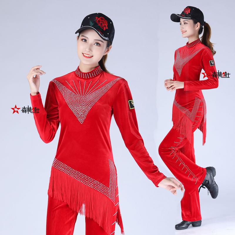 新款直销金丝绒吉特巴上衣女新款长袖果果广场舞服装女三步彩镶钻