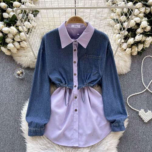 Cowboy Pure Color Shirt Women's Sensation Splicing