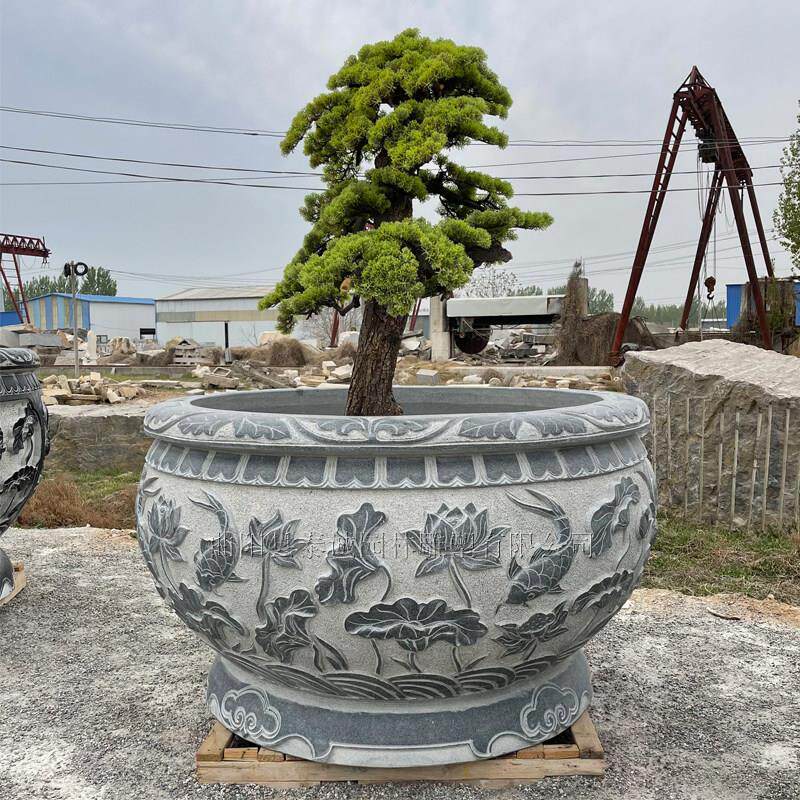 石雕鱼缸花盆荷花缸花钵仿古青石汉白玉门海圆缸庭院石材中式摆件