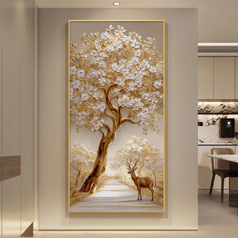 肌理发财树入户玄关装饰画一路高升走廊挂画高级感招财鹿竖版壁画