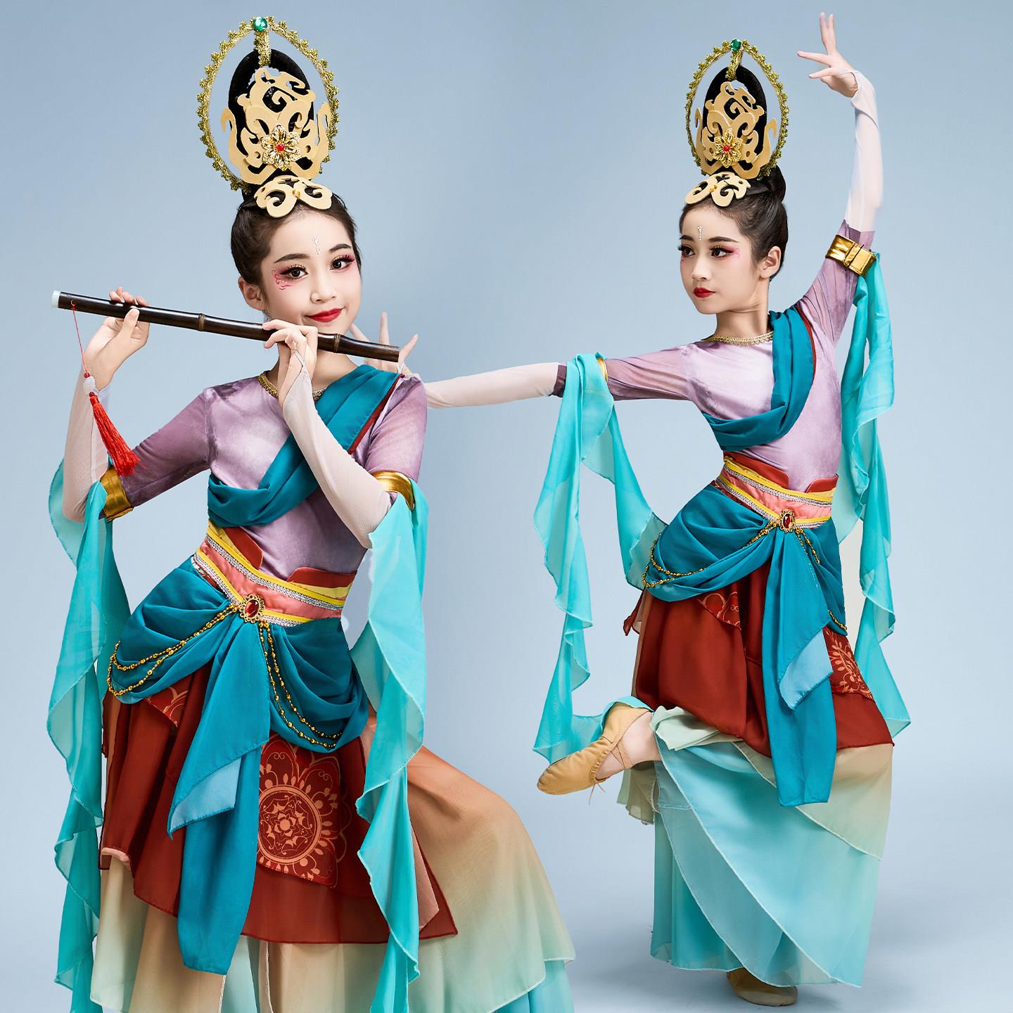 儿童古典舞演出服敦煌飞天舞蹈服中国风女童扇子舞幼儿表演服套装图片