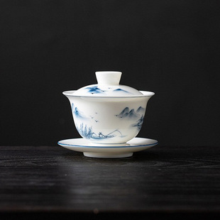 纯手绘手工悬停盖碗茶杯单个高端家用三才泡茶碗冲茶器防烫