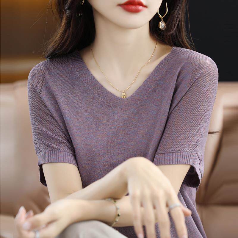 冰丝针织衫短袖t恤女2025年新款夏季薄款v领宽松显瘦半袖大码上衣