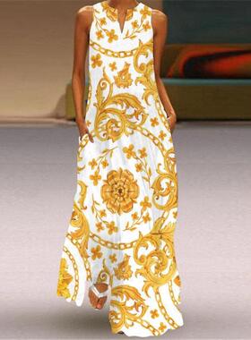 I 11264 V-neck print sleeveless beach maxi V领印花无袖沙滩大