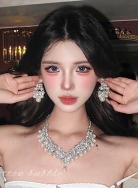 法式镶钻珍珠项链晚礼服夸张配饰耳环套装女高级感生日新娘锁骨链