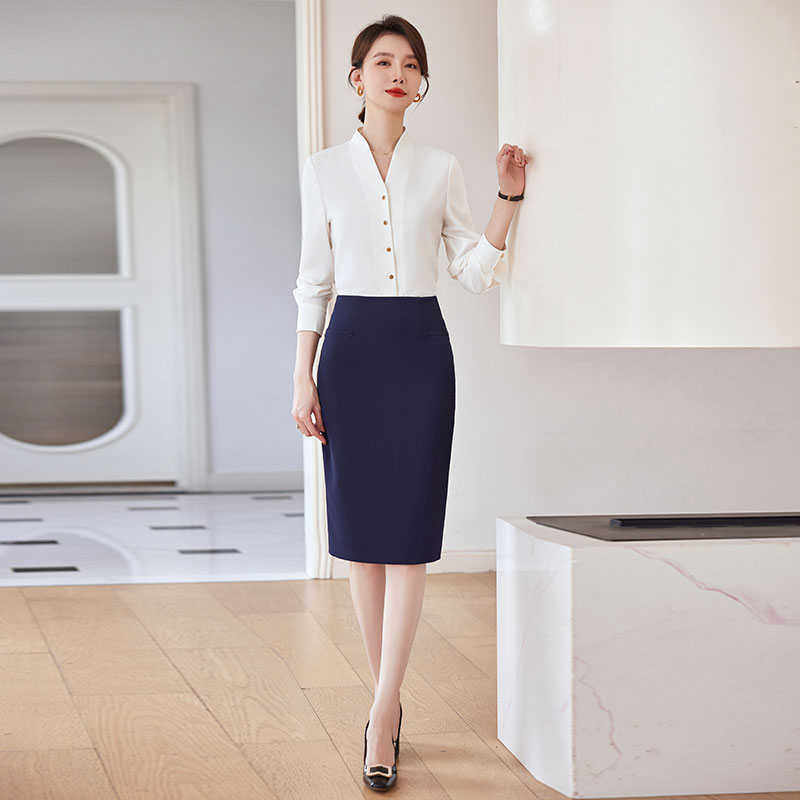 V领白衬衫女长袖西裙套装2024春秋时尚气质衬衣前台职业装工作服