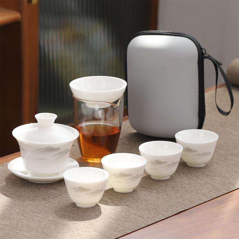 羊脂玉白瓷杯旅行功夫茶具小套装泡家DRI用便携式盖碗茶饮一人户