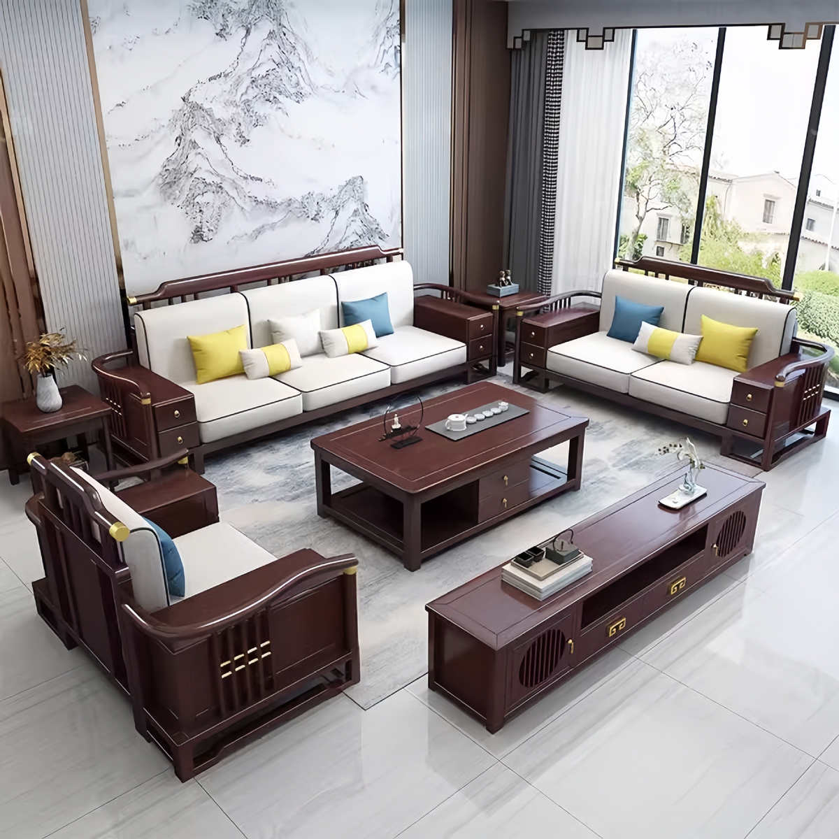 新中式实木沙发家用简约客厅大户型橡胶木组合办公室储物酒店接待