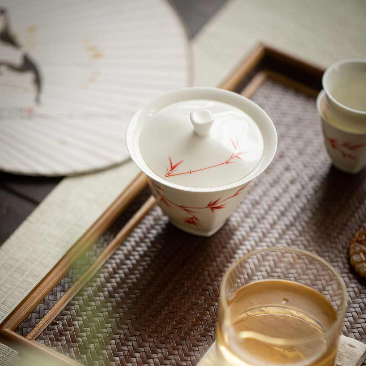 墨己 玉泥手绘盖碗 猪油白仿古红竹二才茶碗 陶瓷家用泡茶碗