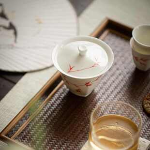 碗红泥才猪油己家用 盖碗 泡茶竹茶碗白 手绘仿古二玉陶瓷墨