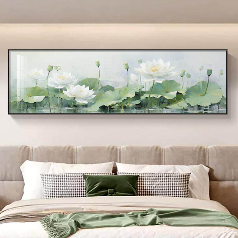 新中式荷花卧室床头装饰画横版莲花客厅壁画温馨主卧房间墙壁挂画