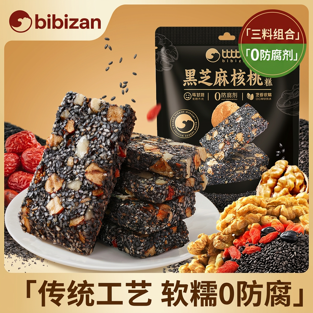 比比赞黑芝麻核桃软糕追剧零食