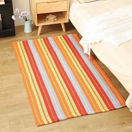 90X150cm棉线编织客厅茶几垫儿童爬爬毯机织彩色条纹透气卧室地垫