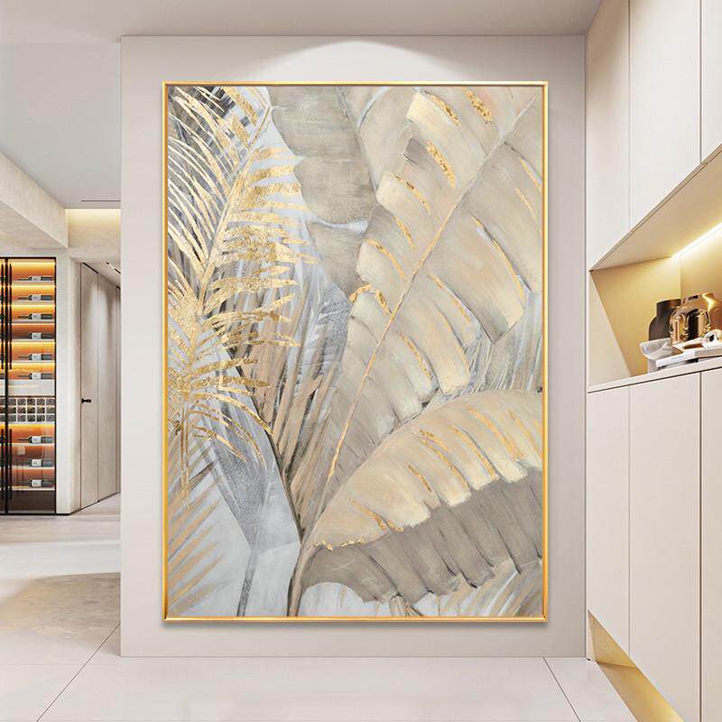 轻现代挂画墙沙发装饰画玄关金箔纯奢芭蕉叶客厅背景手绘油画抽象