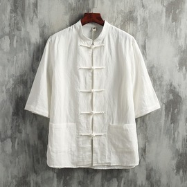 中国风轻薄透气中华立领亚麻衬衫短袖新中式唐装复古风棉麻衬衣
