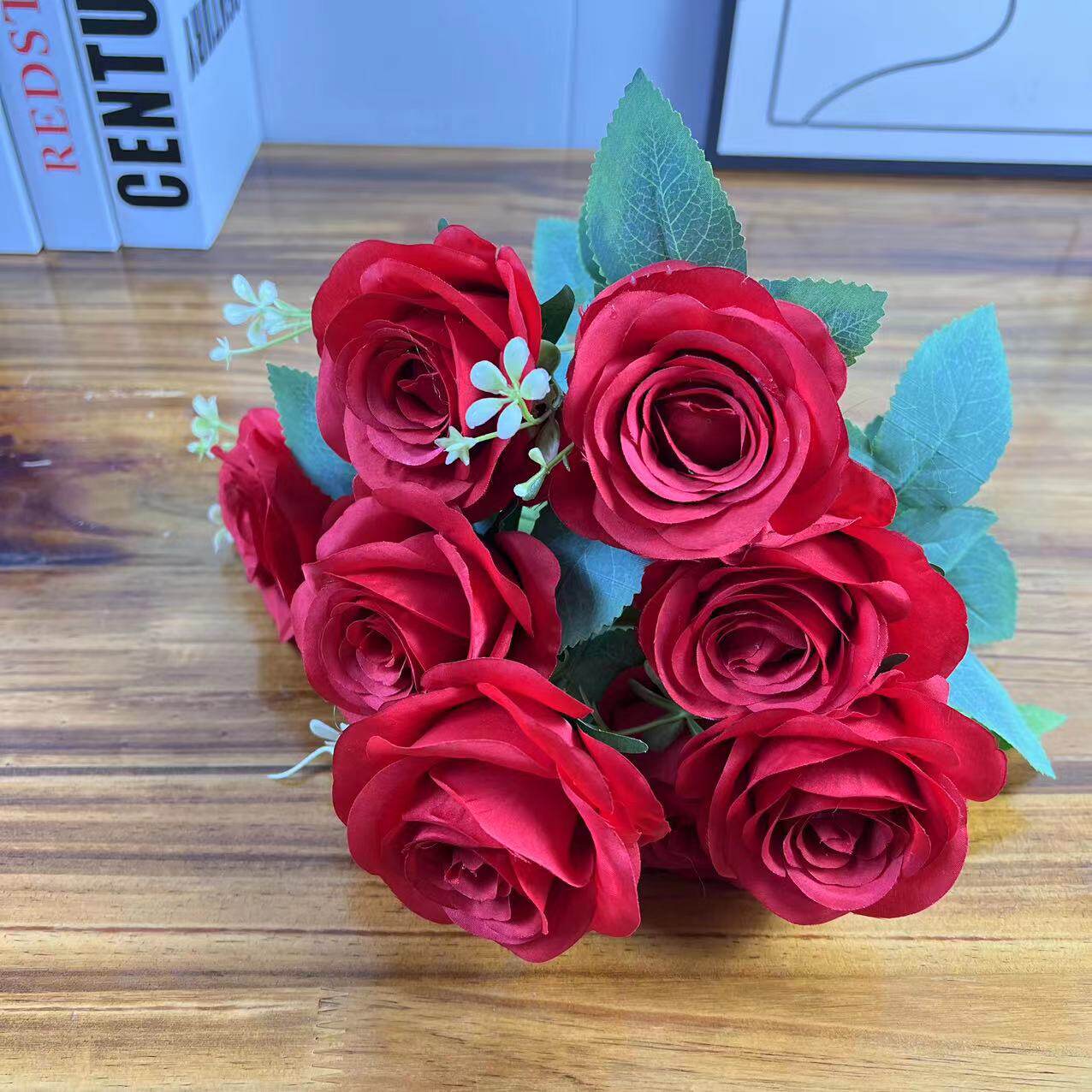 9头圆玫瑰 欧跨式仿真花束 假家店居摆放玫瑰境 婚庆酒把束花