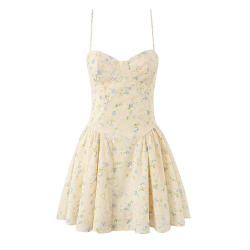 Yellow floral waist cinching camisole skirt