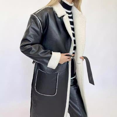 Women's leather thick windbreaker with tie up jacket for
