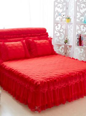 棉5ZV7韩式床裙三蕾件套加棉床罩床头罩加夹厚公F7556J57主风丝花