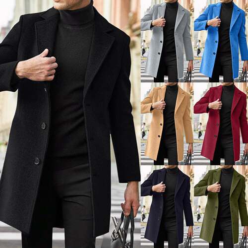 Men's Solid Button Front Lapel Neck Midi Coat Regular Fit