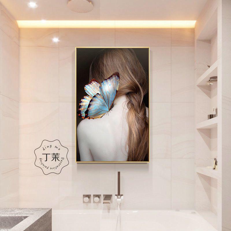 现代美女卫生间浴室装饰瓷砖画防水贴画厕所网红ins蝴蝶唯美挂画图片