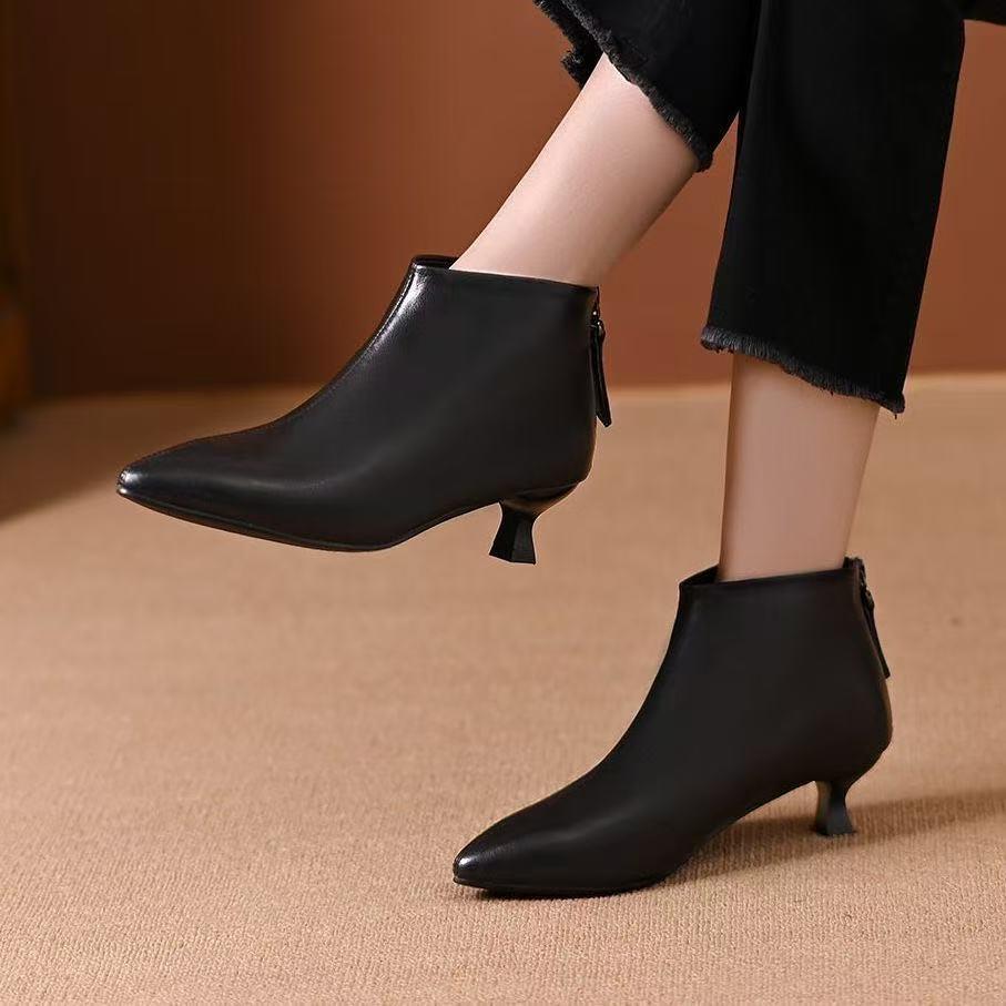 尖头小跟单鞋女3厘米秋冬季低跟靴子女短靴2025新款百搭后拉链