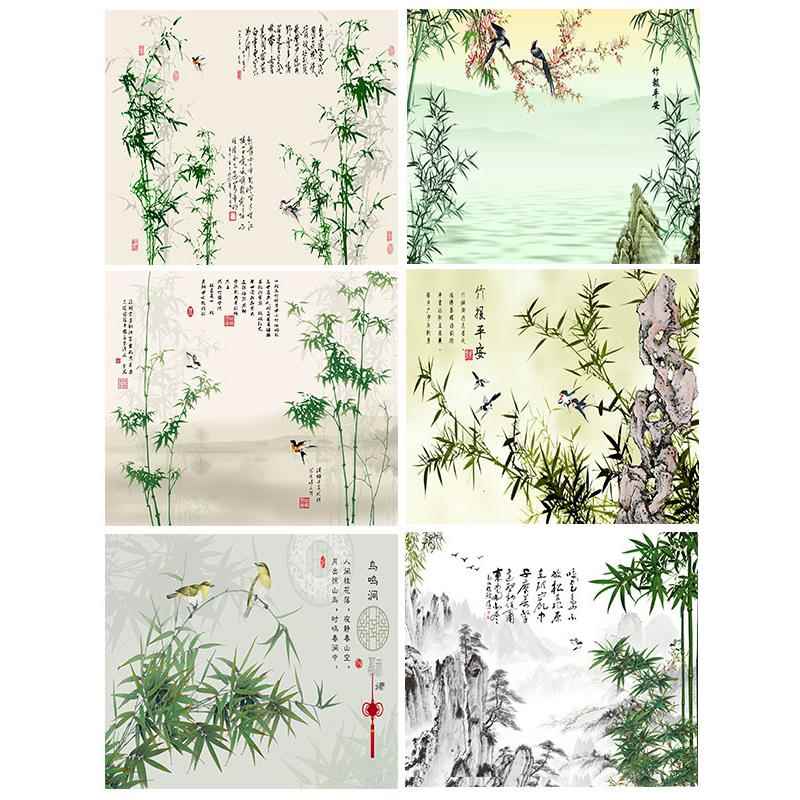 新中式正方形客厅电表箱竹报平安风景山水画无框装饰自粘墙贴贴画图片
