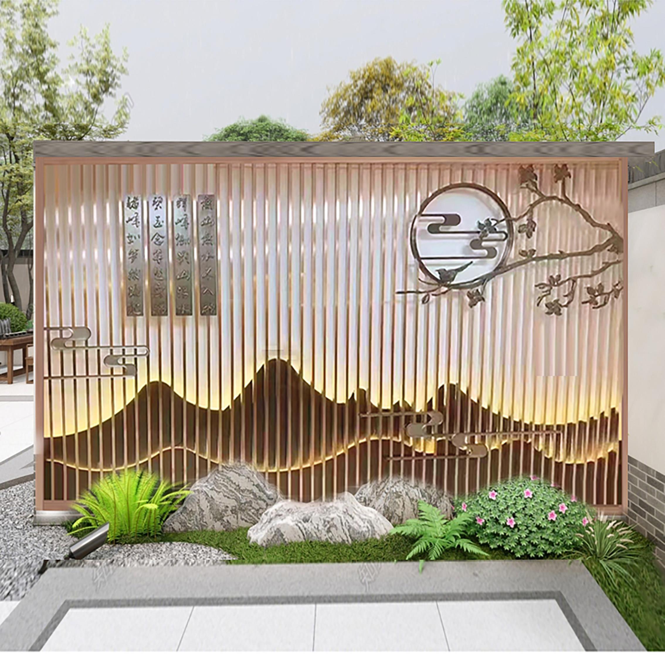 定制不锈钢屏风假山影壁墙户外庭院园林背景墙迎宾墙格栅景墙金属