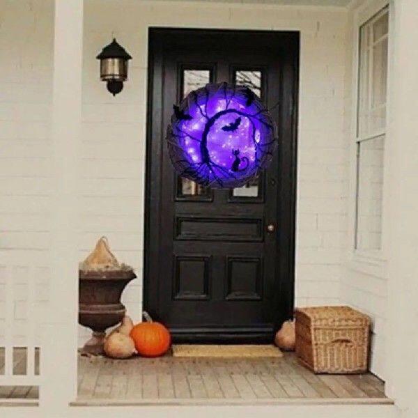 Halloween Wreath Bat Black Cat Wreaths With Purple LED