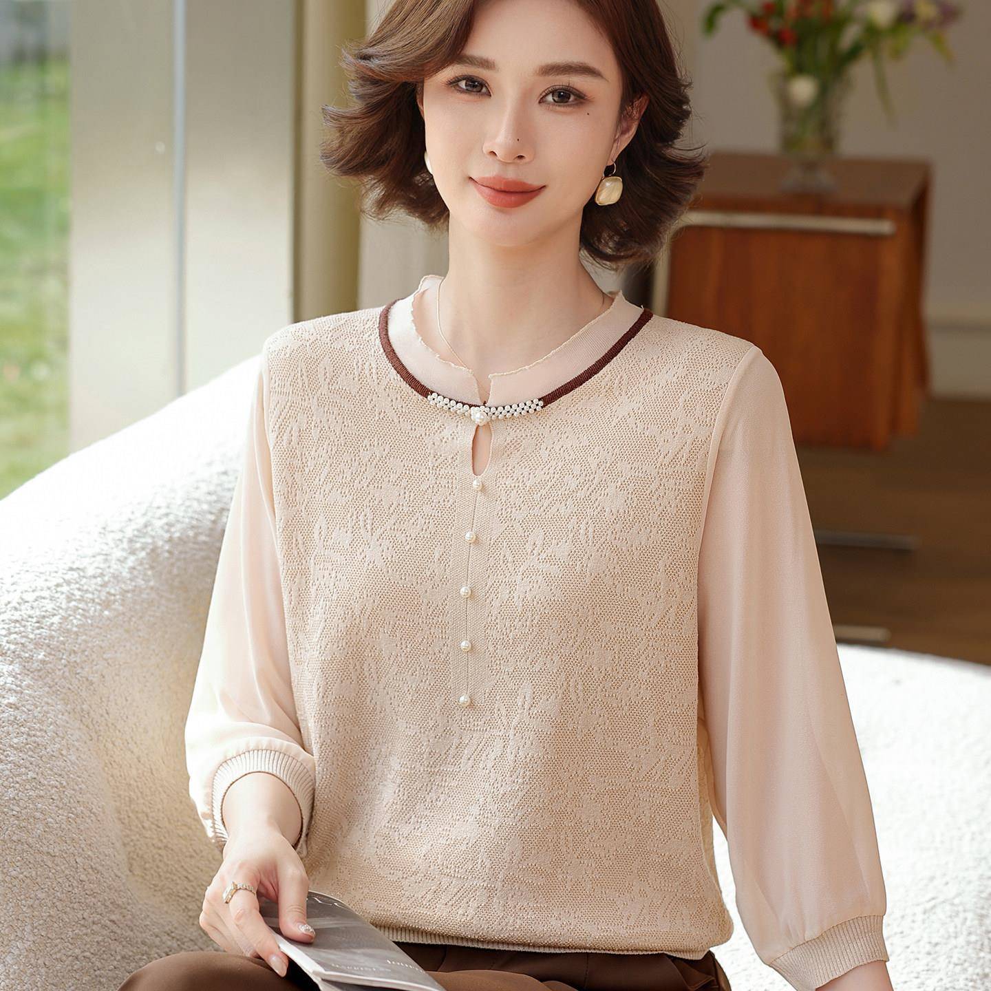 极速2026新款妈妈装七分袖钉珠针织衫中老年女装春季薄款T恤上衣