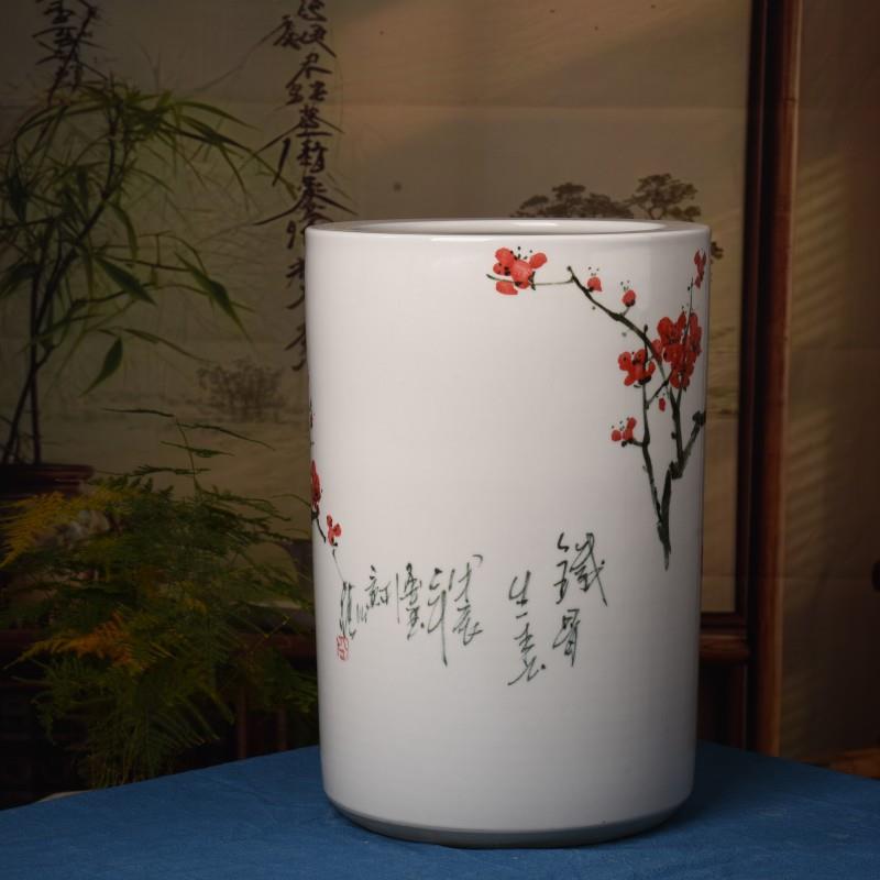 景德镇陶瓷装饰摆件手绘红梅卷轴缸陶瓷书画缸大号雨伞筒字画缸