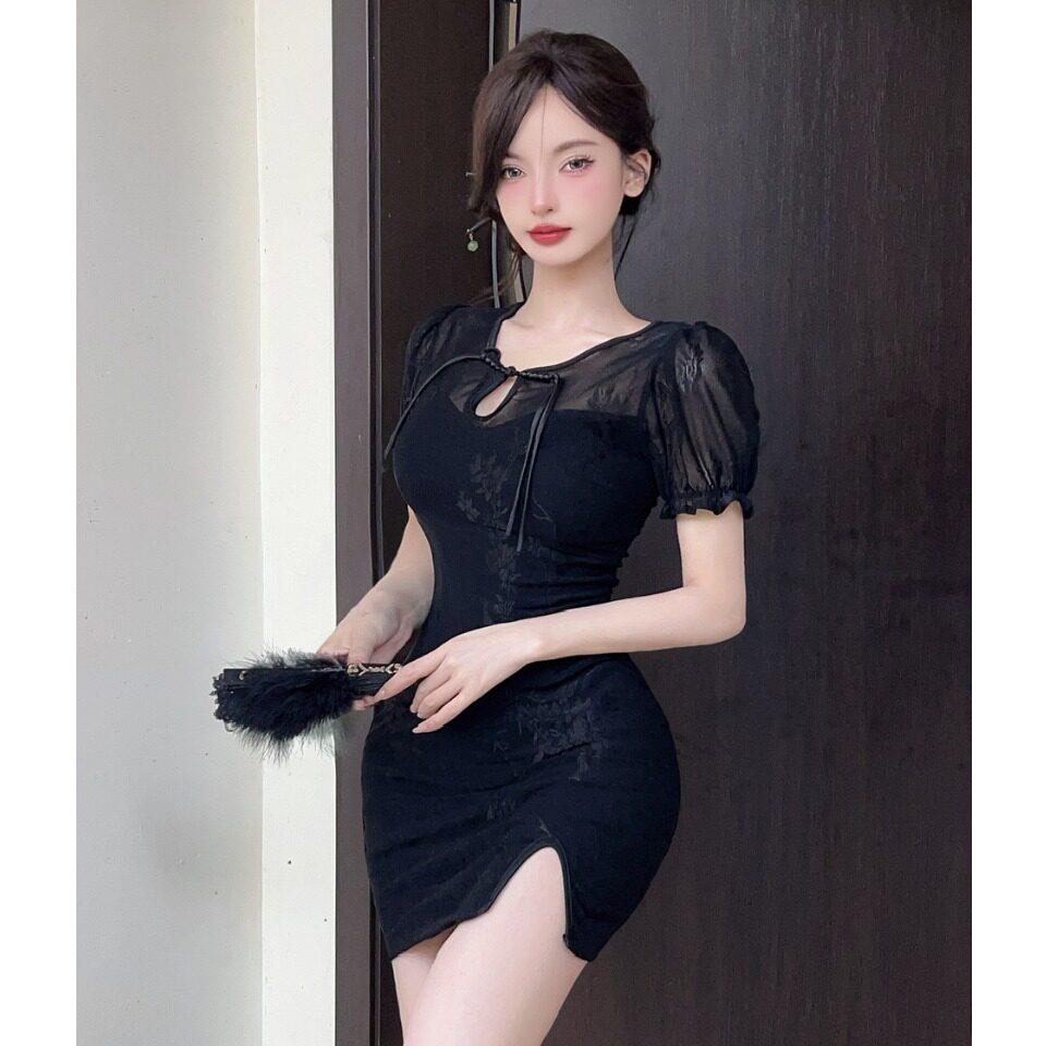 黑色改良旗袍性感连衣裙女2025新款夜总店夜场技师工作服短裙