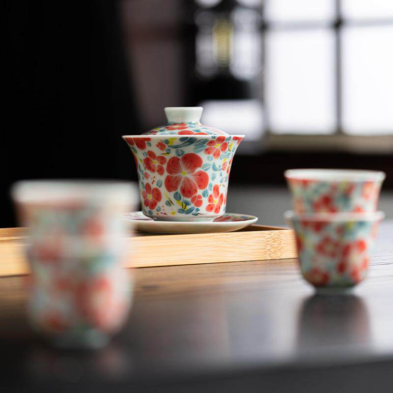 高级感青花瓷三才盖碗泡茶茶杯子陶瓷不烫手大号1盖碗4杯茶具套装