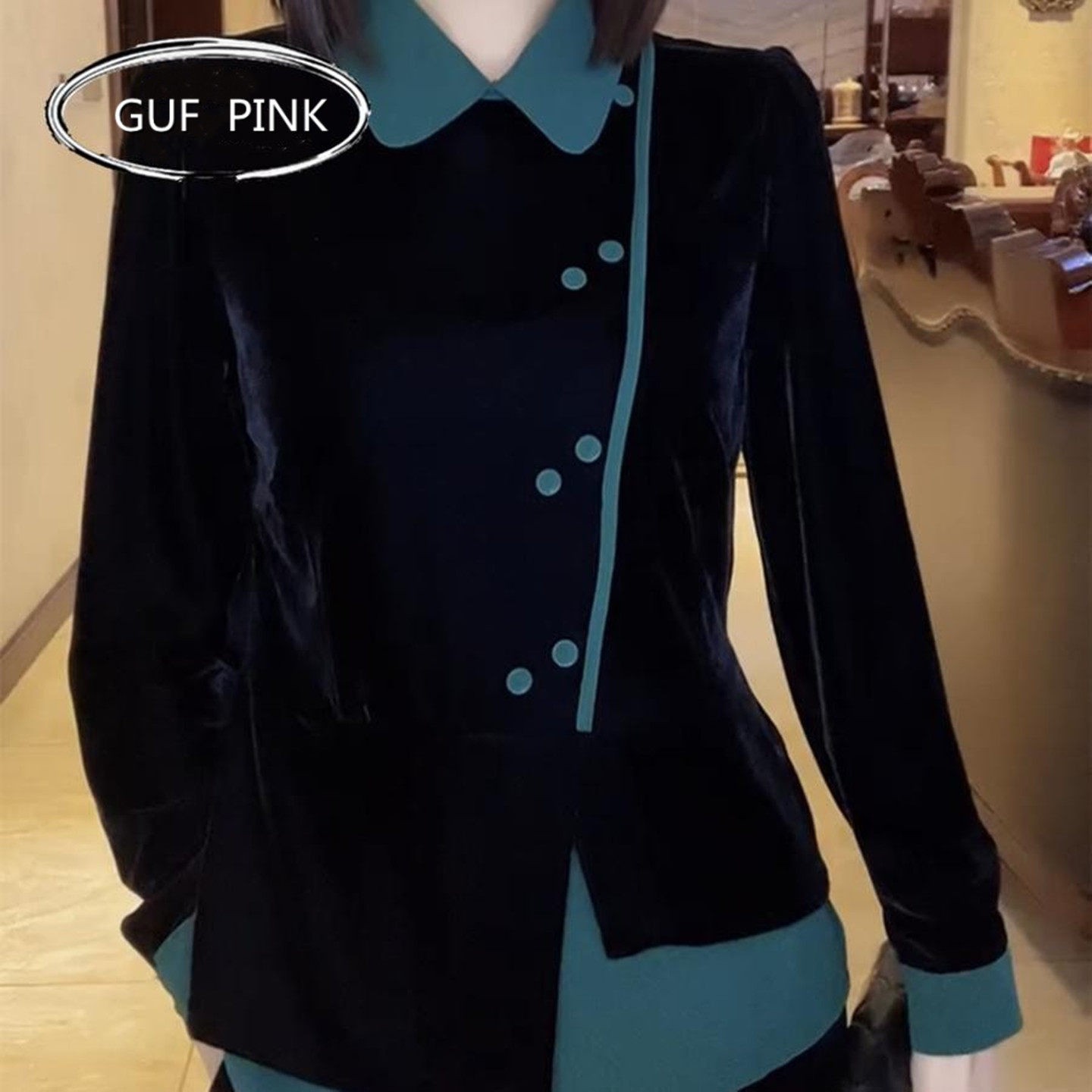 香港高级感娃娃领丝绒拼接长袖衬衫女春秋冬款显瘦撞色打底上衣潮
