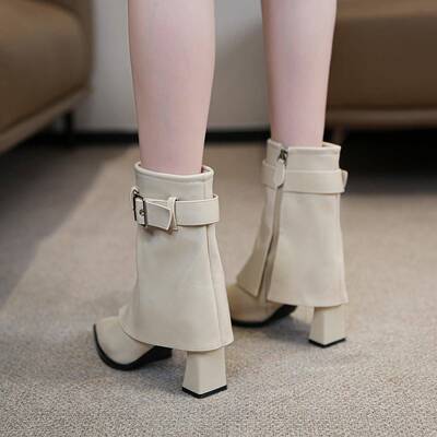 QVU~品牌专柜！尖头粗跟米色短靴高级感百搭裤管气质英伦风短筒靴