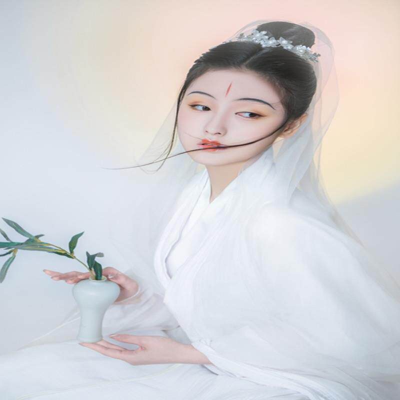 高档子古观音菩萨套汉服装头饰发髻头纱演出服裙观音道具新装款白