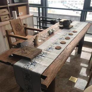 老榆木办公茶桌办公室老榆木大板桌家用茶室原木整板茶桌椅 新中式