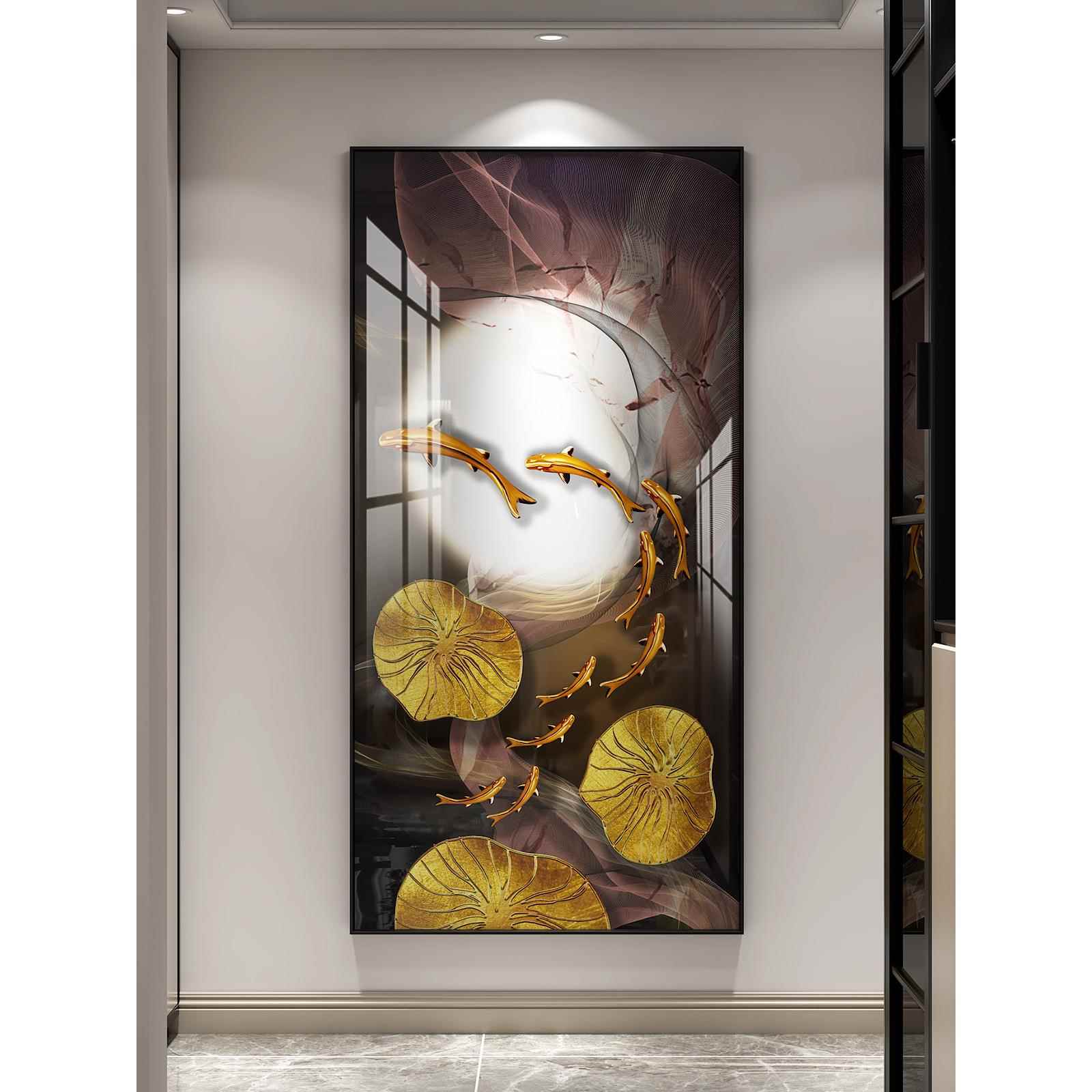 简约金色九鱼招财挂画轻奢风玄关装饰画竖版走廊壁画大幅客厅油画