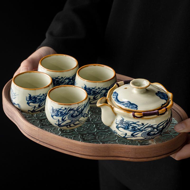 汝窑青花龙纹盖碗茶杯单个高档防烫手抓壶可养茶具茶壶一人泡茶器