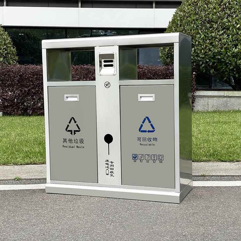 现货不锈钢垃圾桶户外公园人行街道大号双筒分类不锈钢果皮箱