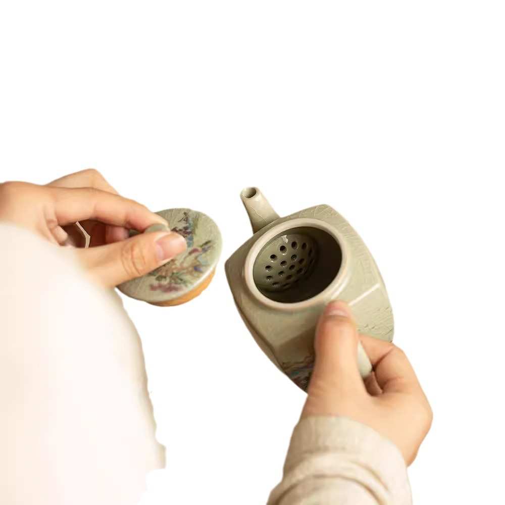 汝窑金山水四方茶壶家用开片可养带过滤功夫茶具泡茶壶单壶泡茶器